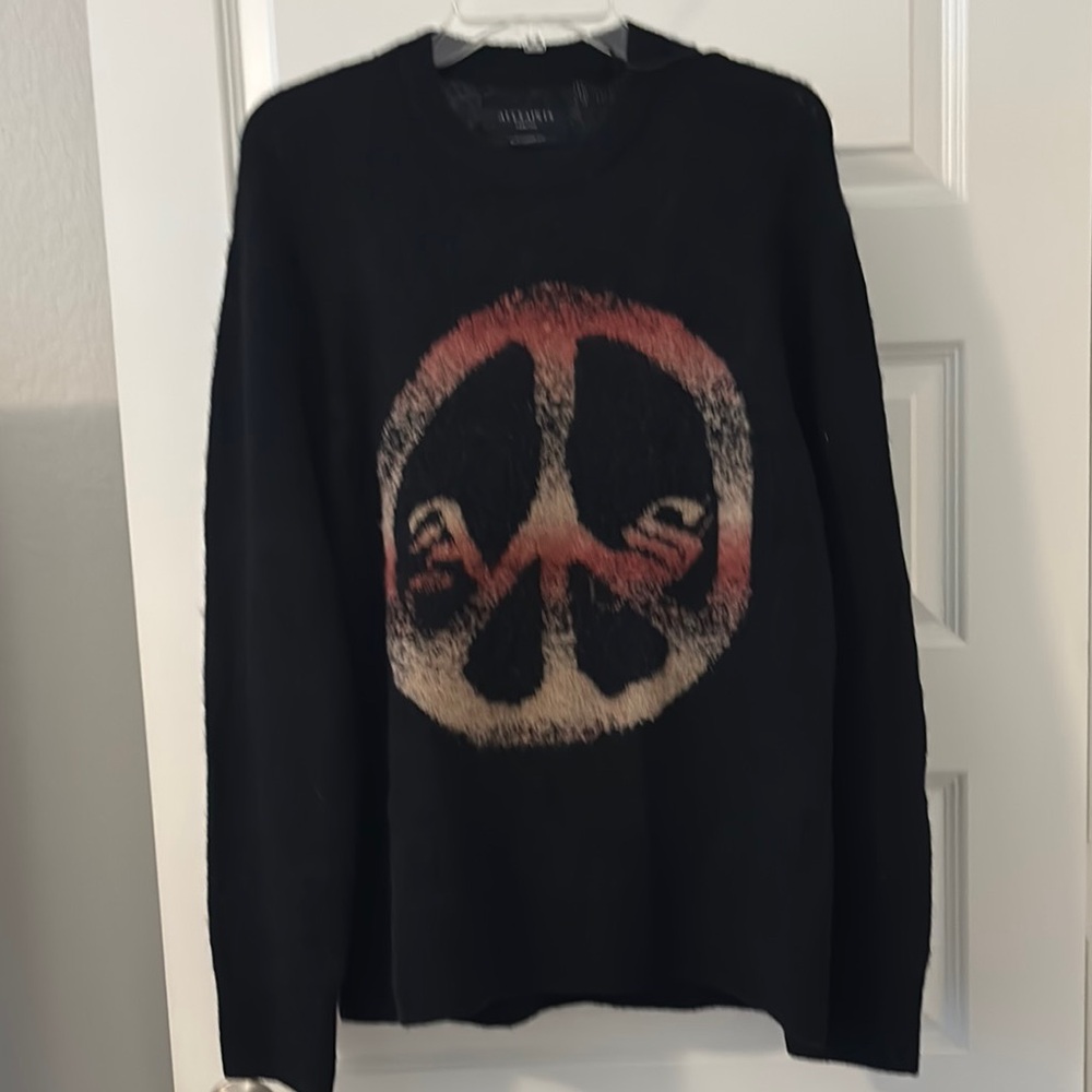 AllSaints Black & Red wool alpaca oversized Sweater w/ Peace Sign SZ Medium NWT